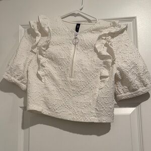 Zara White Textured Ruffle Blouse